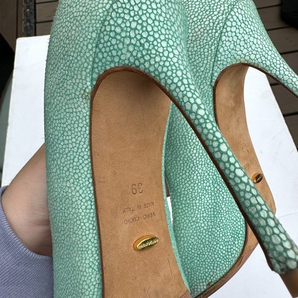 Sergio Rossi Peep Toe Pumps Crackled Leather Upper Sz 39 in Aquamarine Stiletto - Picture 10 of 11